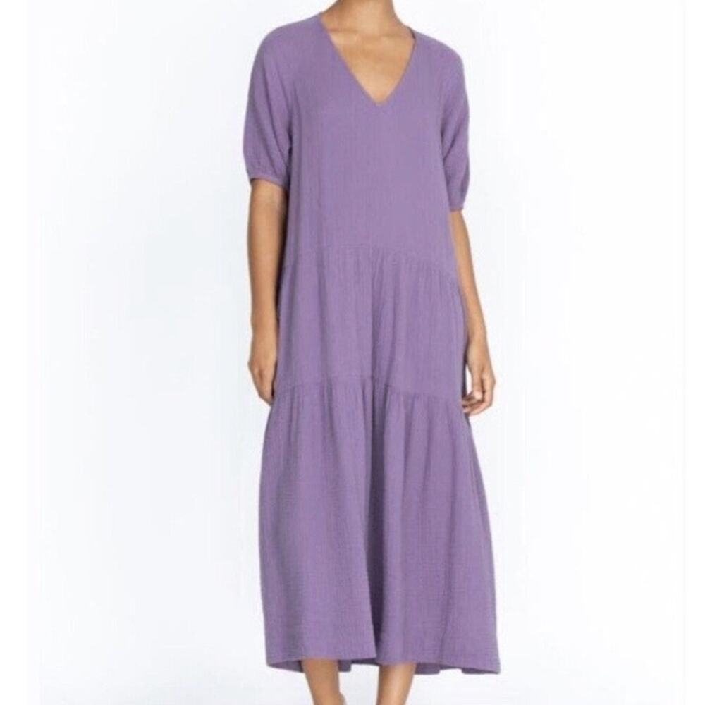 Calme by Johnny Was Raglan Tiered Organic Cotton Gauze Maxi Dress Purple Medium